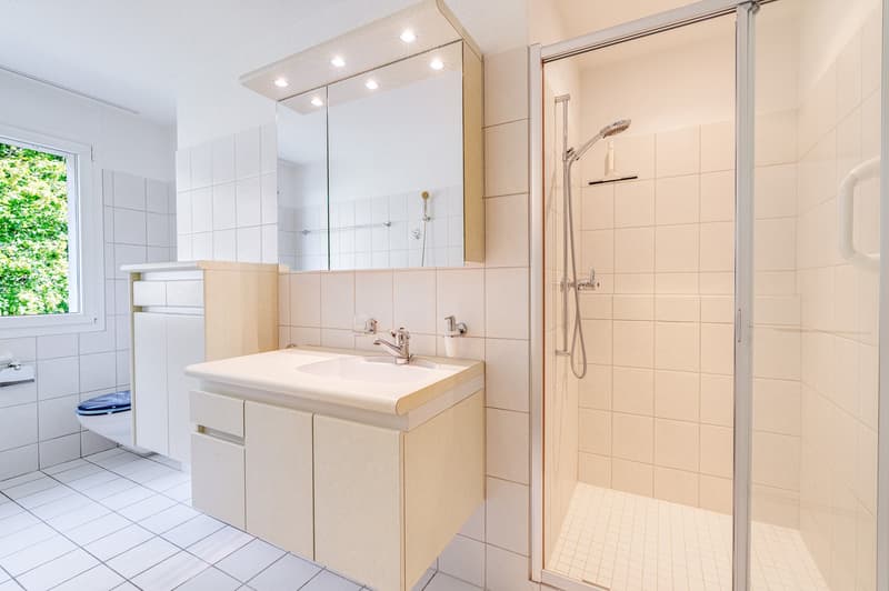 Badezimmer mit Dusche, Badewanne, Einbaumöbeln und Waschmaschine, Tumbler