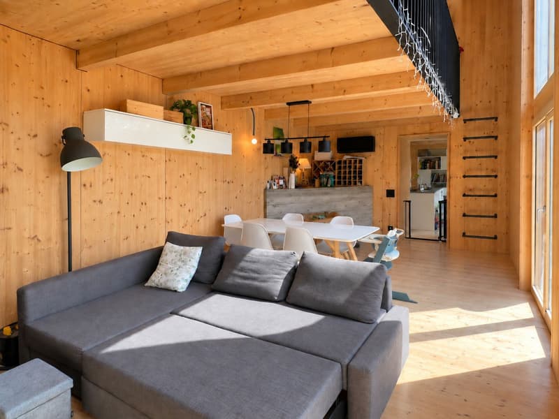 Modernes Holzhaus mit viel Privatsphäre und grossen Fensterfronten mit Blick ins Grüne (2)