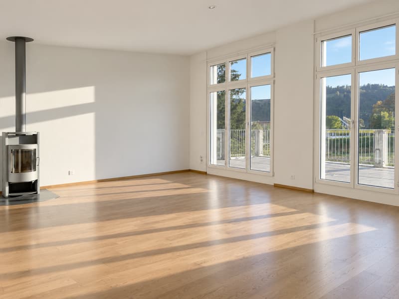 Fensterfront mit Cheminée