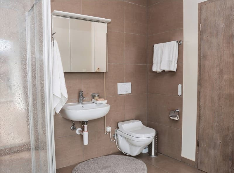 Salle de douche avec WC et machine à laver