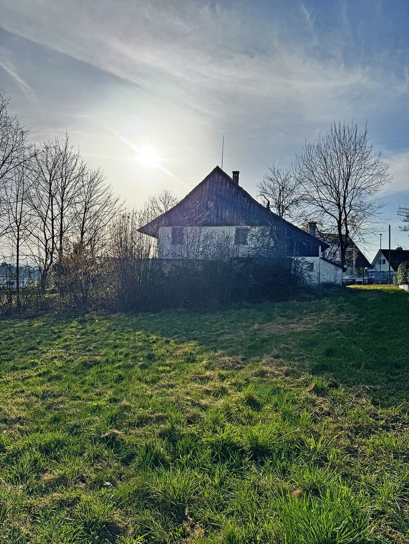 Old house, wooden roof, white walls, surrounded by grass and trees