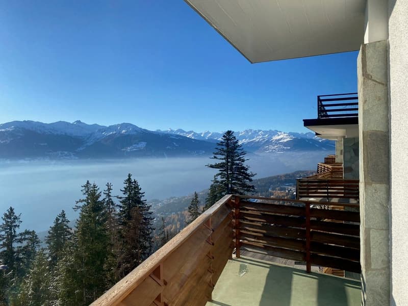 wooden railing, wooden floor, view of mountains and trees