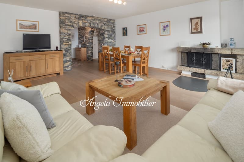 Fireplace, dining table, chairs, sofa, TV, carpet, wooden floor, paintings