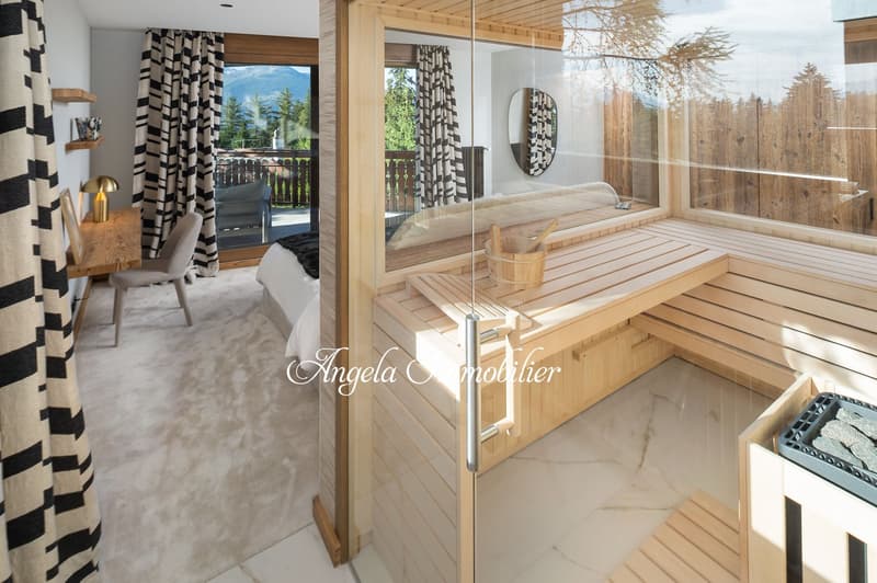 wooden sauna, glass wall, wooden bench, wooden desk, chair, lamp, carpet, balcony, window, mirror