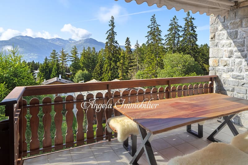 wooden railing, wooden table, wooden bench, white fur rug, mountain view