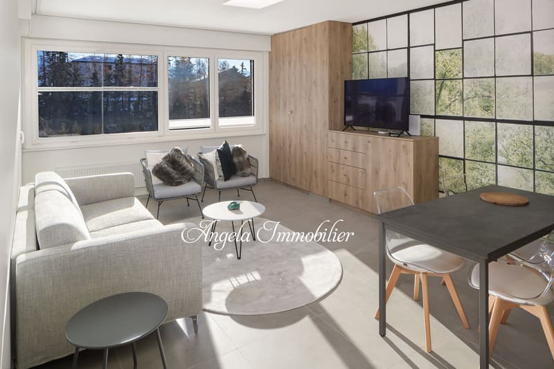 modern apartment, white walls, white tiles, modern sofa, wooden cabinet, tv, armchairs, table, dining chairs, side table, radiator, windows, large window, bright light, wooden floor