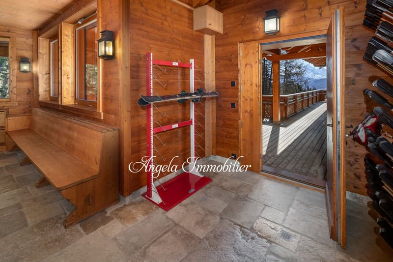 wooden walls, wooden bench, ski rack, open door to balcony, mountain view