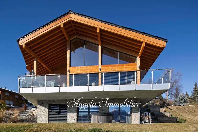 2-story wooden building with a large balcony, stone facade, and large windows overlooking the mountains. The building has the sign 'Angela Immobilier' displayed on the front.