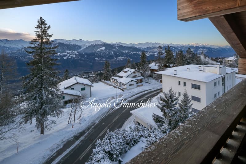Snowy landscape with several houses, mountains in the background, road, trees