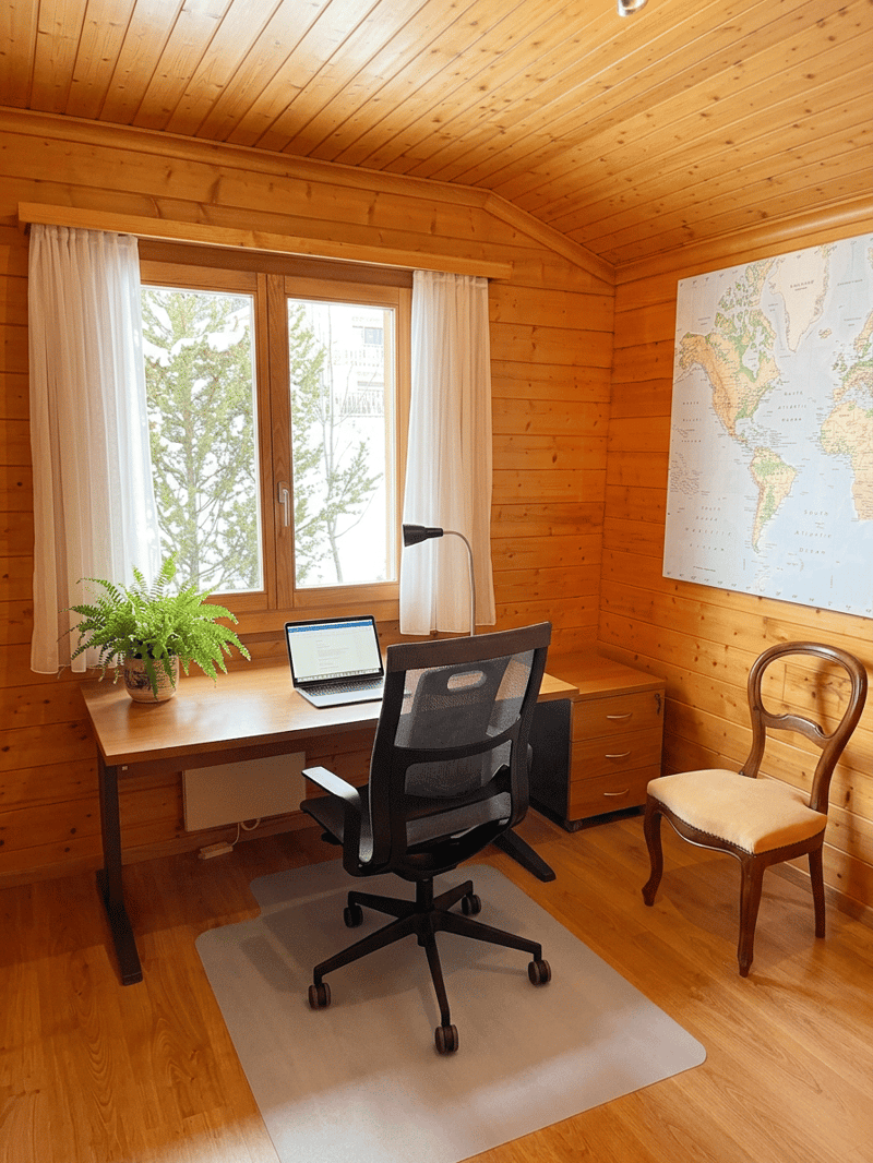wooden walls, desk, laptop, chair, potted plant, map, curtains