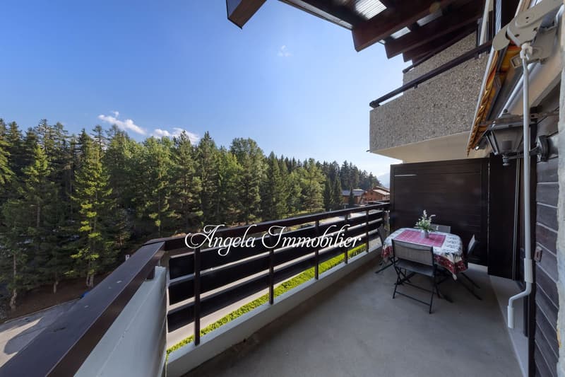 Wooden railing, outdoor table with chairs, green grass, mountain view