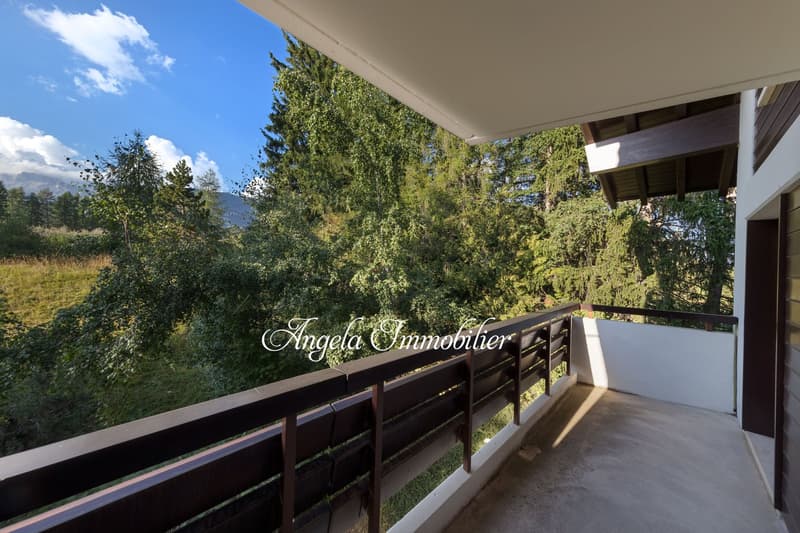 Wooden railing, panoramic view of landscape and mountains, concrete floor