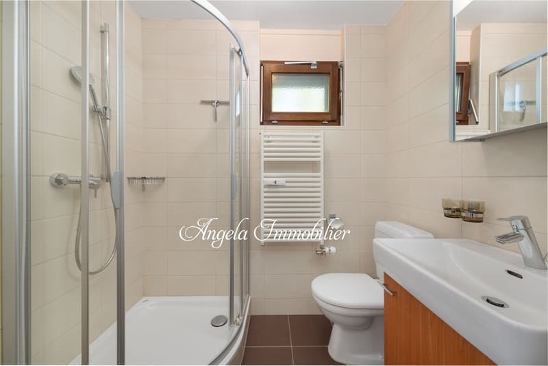 white tiles, glass shower, white toilet, white sink, wooden cabinet, radiator