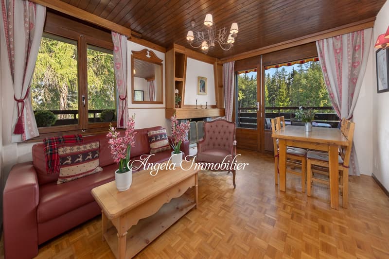 wooden floor, wooden furniture, sofa, pillows, wooden table, chairs, dining table, chandelier, wooden cabinet, window, fireplace