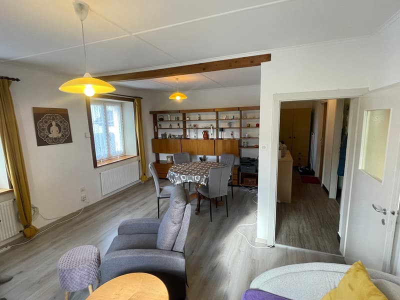 modern interior, white walls, wooden floor, dining table with chairs, living room chairs, shelves, radiators, white door