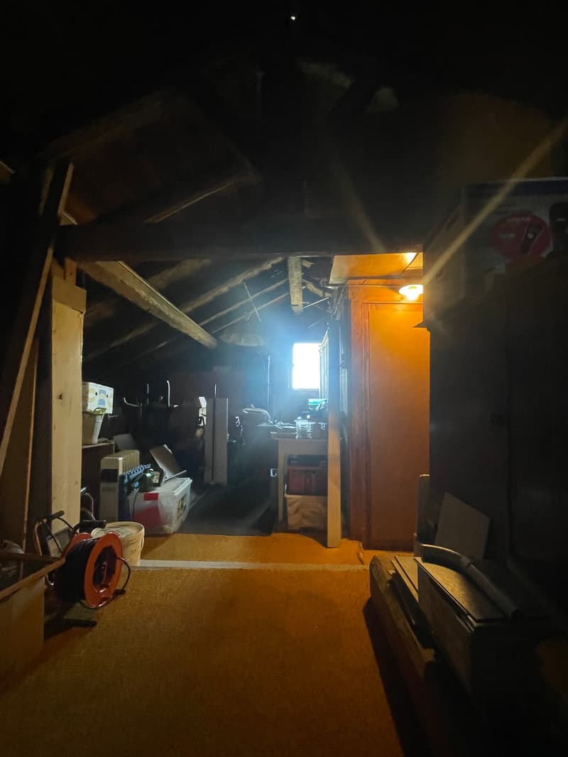 dark attic room, ceiling beams, wooden floor, light in the corner, various storage boxes and items