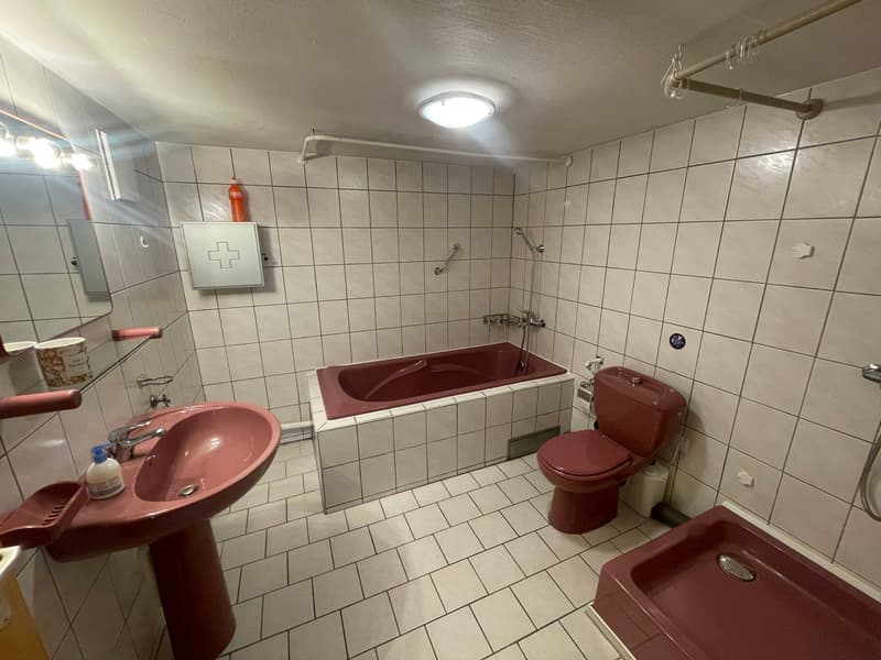 Bathroom with bathtub, sink, toilet, shower, tiles, sink with faucet, handrail, red fixtures