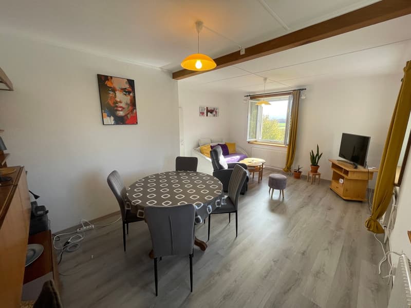 round dining table, gray chairs, flatscreen TV, beige walls, small white sofa, rug, artwork, plants