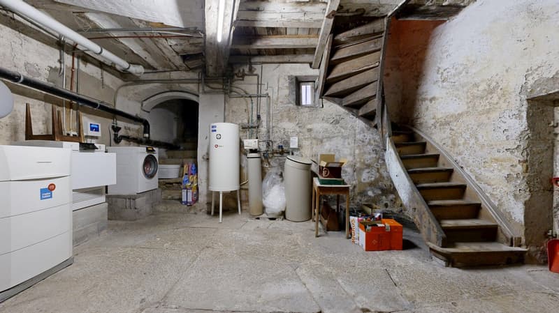 utility area, washing machines, pipes and tanks on the walls