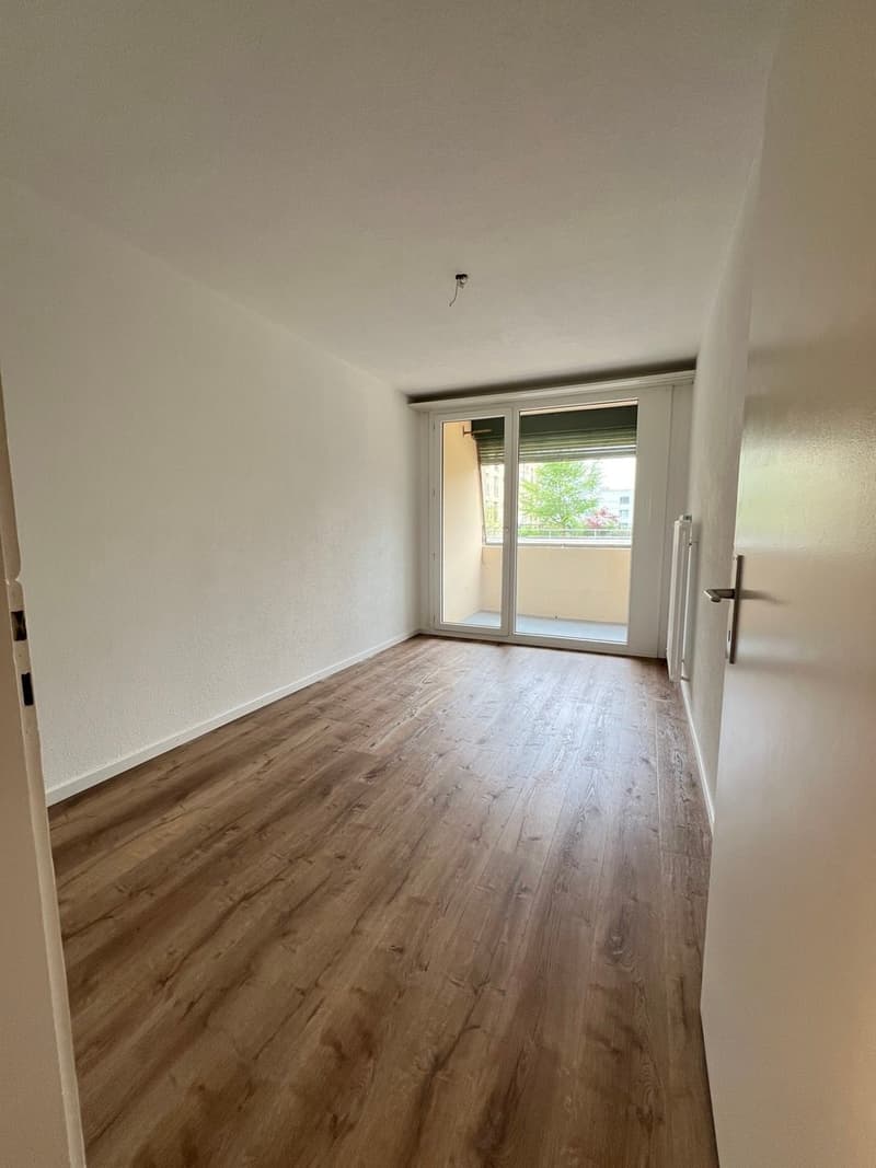 empty room, wooden floor, white walls, sliding glass door, balcony