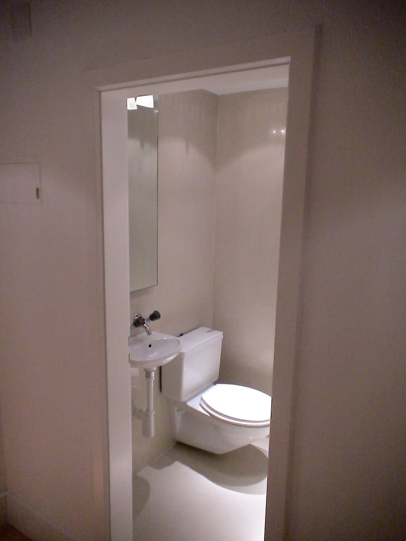 small bathroom with toilet, sink, and mirror