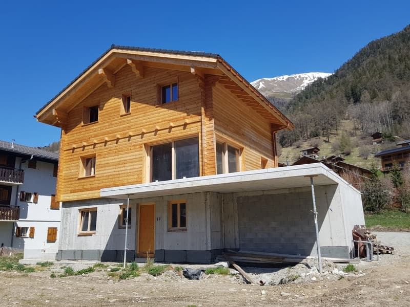 New construction house made of wood and concrete, surrounded by nature with mountains in the background, balcony, garage