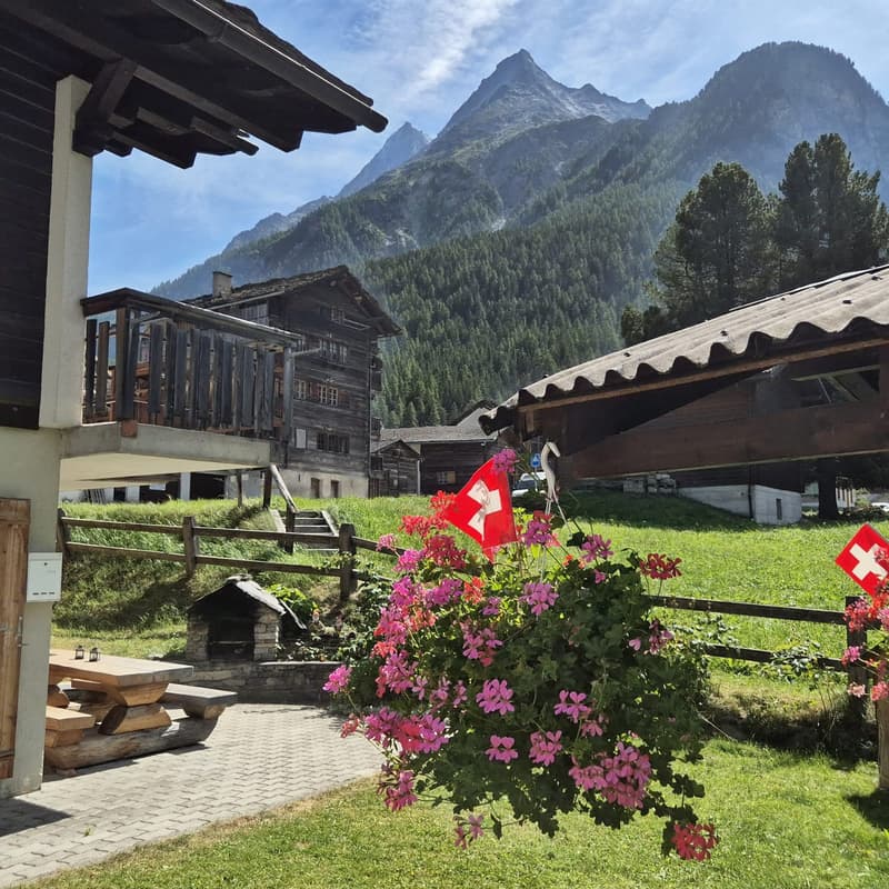 balcony, wooden fence, mountain, wooden table, outdoor bench, greenery, wooden building, flowers, Swiss flag