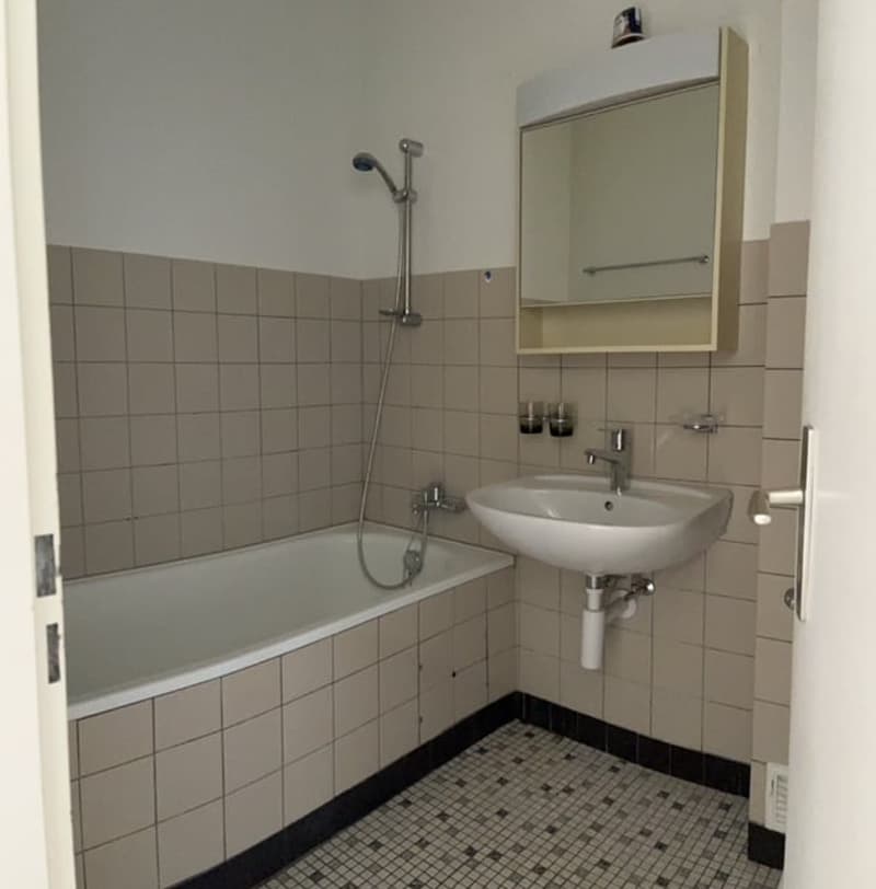 Bathtub, sink, toilet paper holder, mirror, shower head