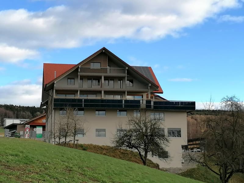 Large house, multistory, red roof, many windows, solar panels, balcony, hillside, green grass