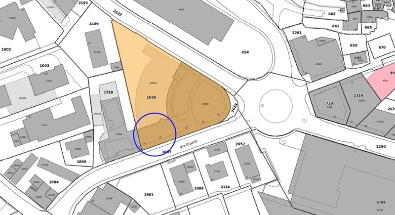 The floor plan includes multiple buildings and lots, marked by numbers. Central area indicated as 1007, surrounded by roads and other lots.