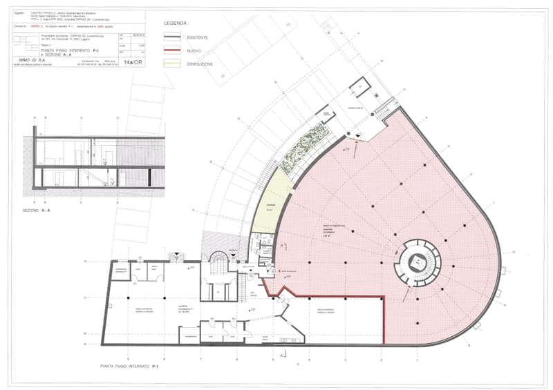 The floor plan includes various rooms such as bedrooms, bathrooms, kitchen, living room, and entrance areas. It also shows existing structures, new constructions, and areas marked for demolition.
