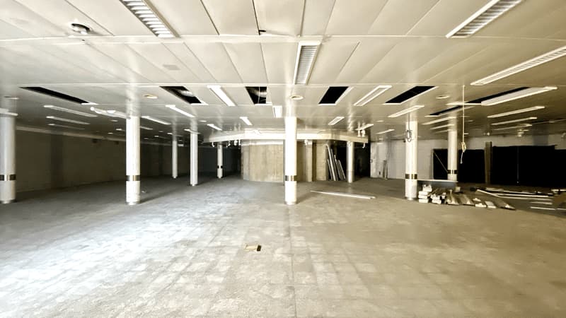 Empty room with concrete floor, white ceiling, and pillars. No furniture or equipment.