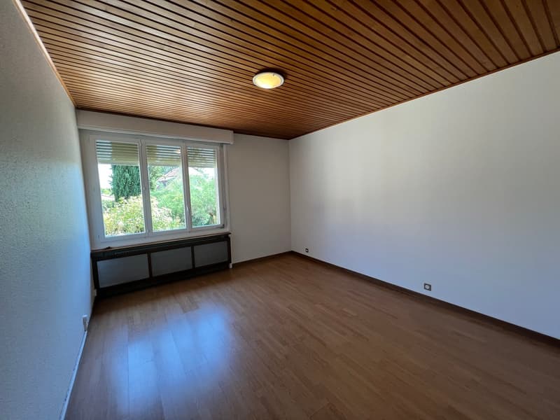 empty room, hardwood floors, ceiling lamp, large window with view, heating