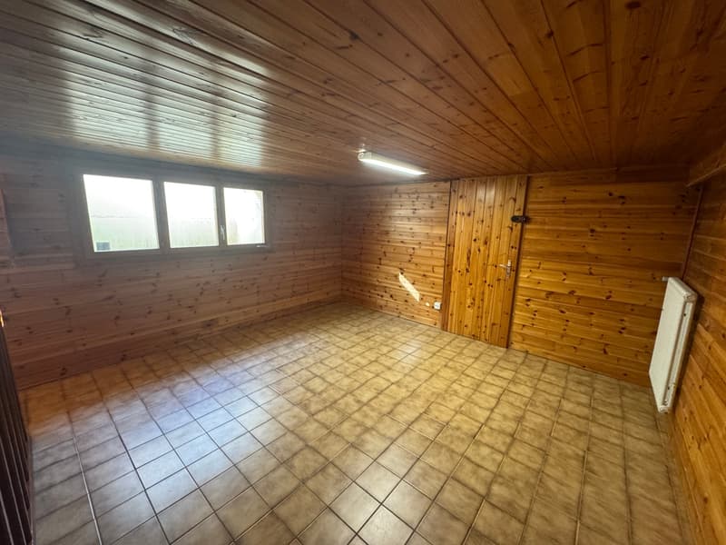 Empty room, wooden walls and ceiling, tile floor, three windows, one door