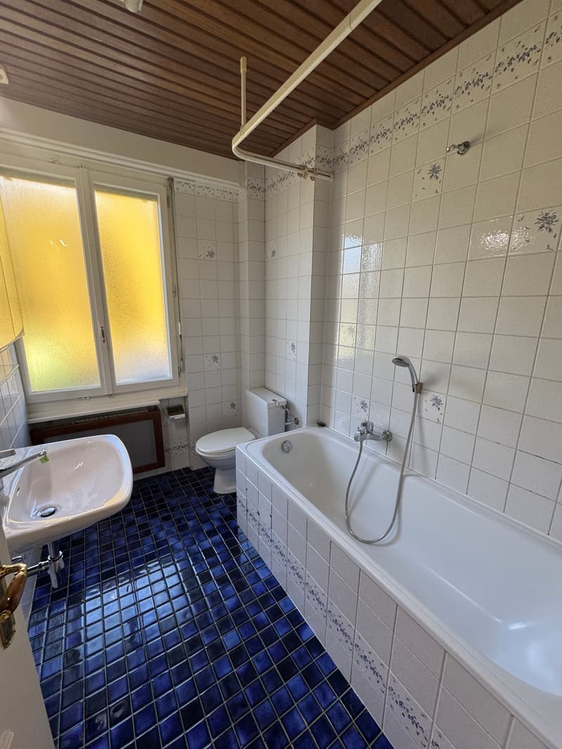 Bathroom: blue tiles, white bathtub, white sink, white toilet, window