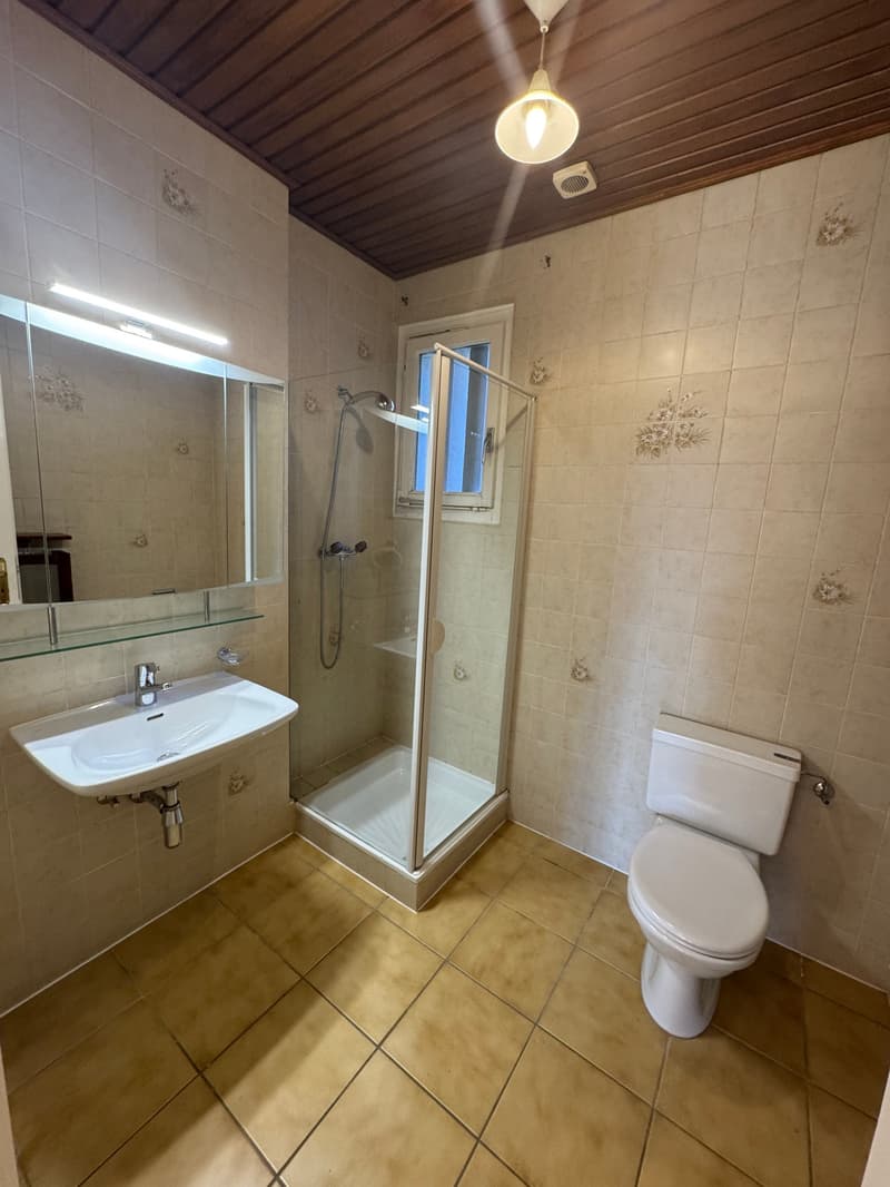 Bathroom with shower, toilet, sink, mirror, and wooden ceiling.