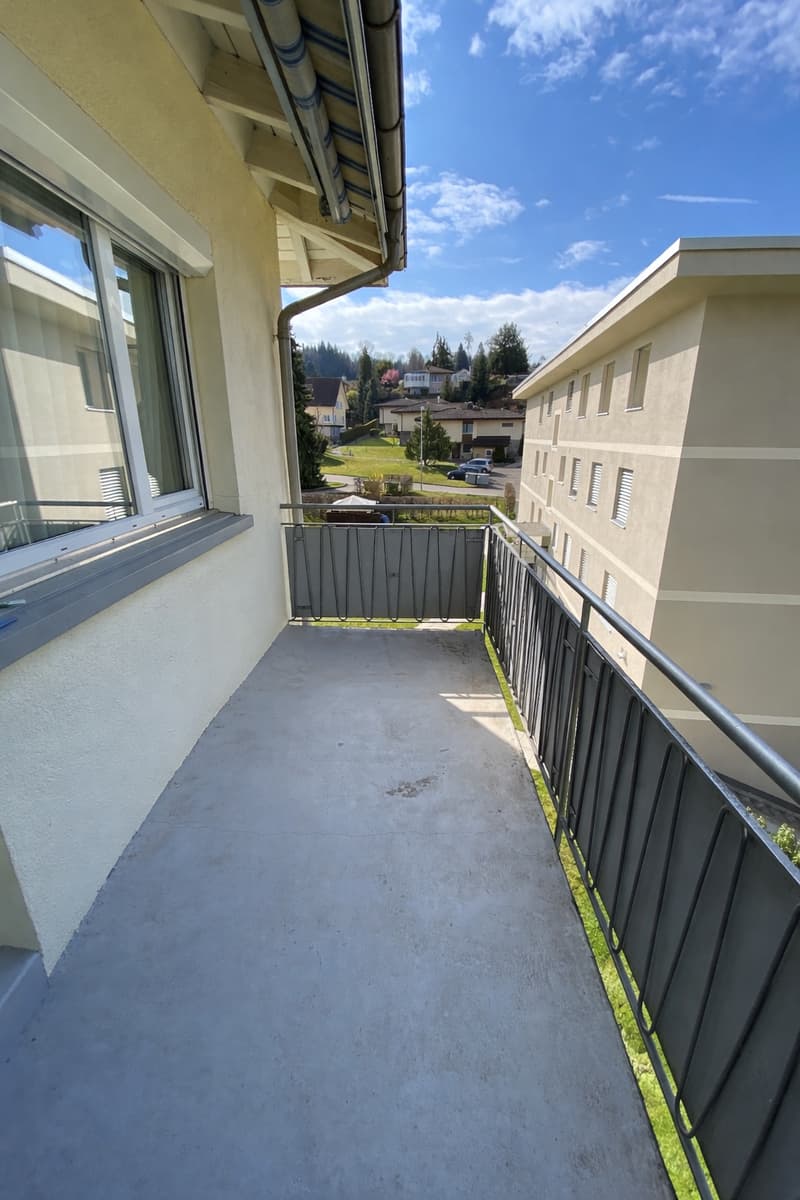 Balcony with metal railings, concrete floor, window with white frame, view of the surroundings