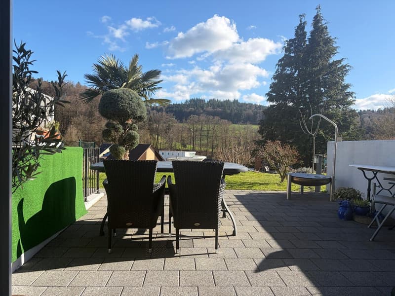 Outdoor dining area with table and chairs, green wall, plants, and a view of the landscape