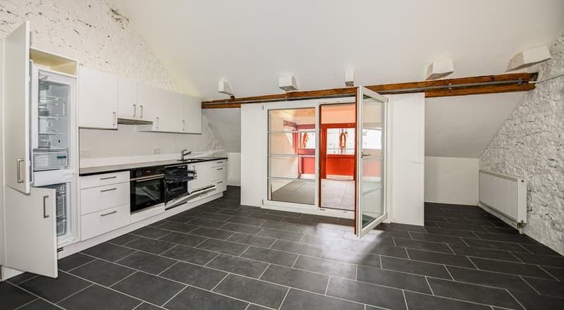 kitchen, tiled floor, open refrigerator, dishwasher, oven, sink, cabinets, wooden beams, sliding glass doors