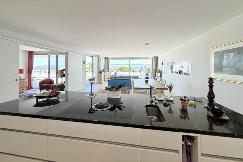 Fast 60 m2 grosser Bereich Wohnen/Essen/Kochen: Herrlicher Blick vom Inselkorpus der Küche zu Ess- und Wohnbereich