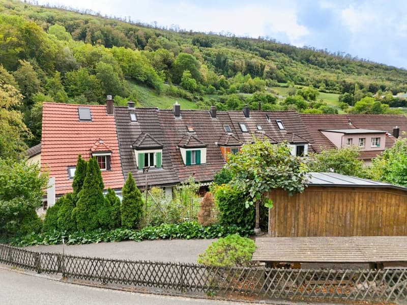 Ansicht von Norden mit dem Hügelzug der Lägern im Hintergrund (Verkaufsobjekt: zweites Haus von links)