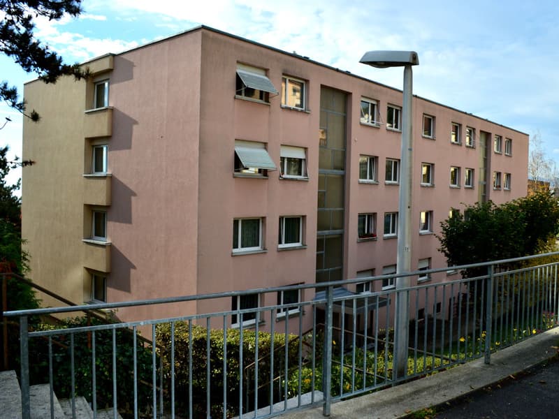 Modern, multi-story residential building, pink facade, many windows, white trims, metal railings