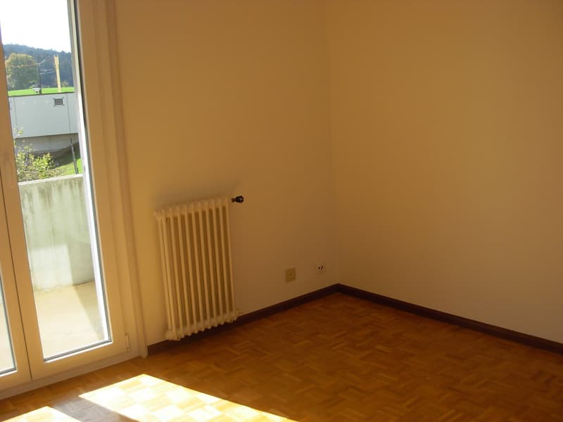empty room, white walls, wooden floor, sliding glass door, balcony, radiator
