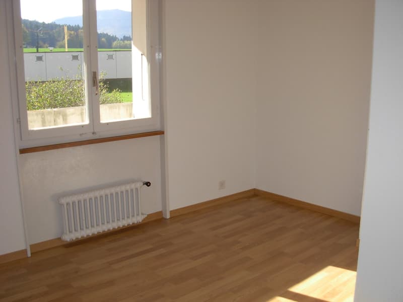 empty room, white walls, wooden floor, white radiator, window with view