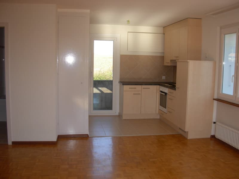 Empty kitchen with wooden floor, white walls, cabinets, countertop, oven, and a door leading to a balcony.