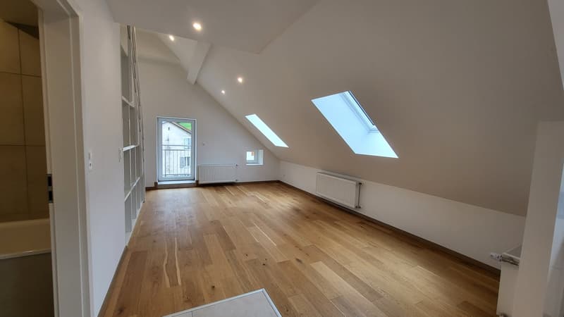 empty room, wooden floor, white walls, two windows, two skylights, balcony