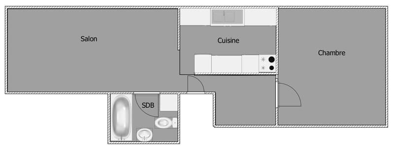 Living room, kitchen, bedroom, bathroom, separate shower