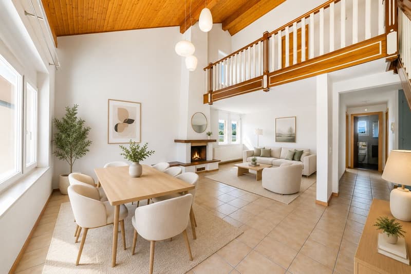 Séjour / salle à manger avec cheminée et accès balcon
