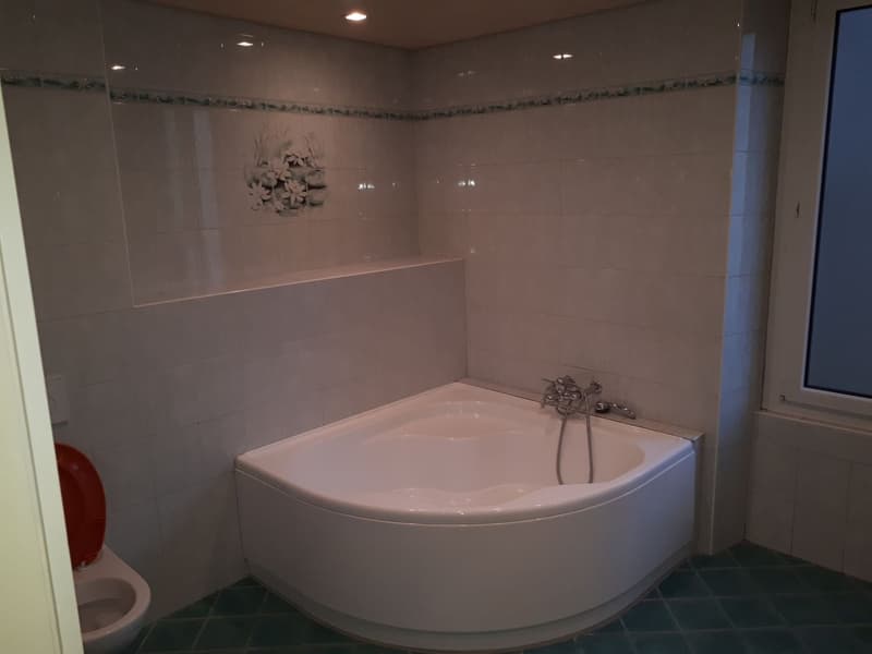 Modern bathroom, white bathtub, shower head, white tiles, and white toilet