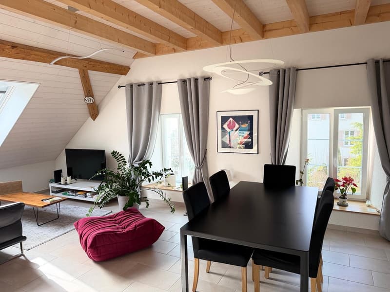 open space, dining table, chairs, couch, ottoman, television, desk, plants, picture, ceiling lamp, windows